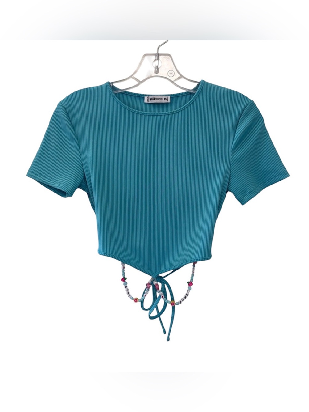 FB Sister Blue Ribbed Top With Fun Beaded Detail size XS